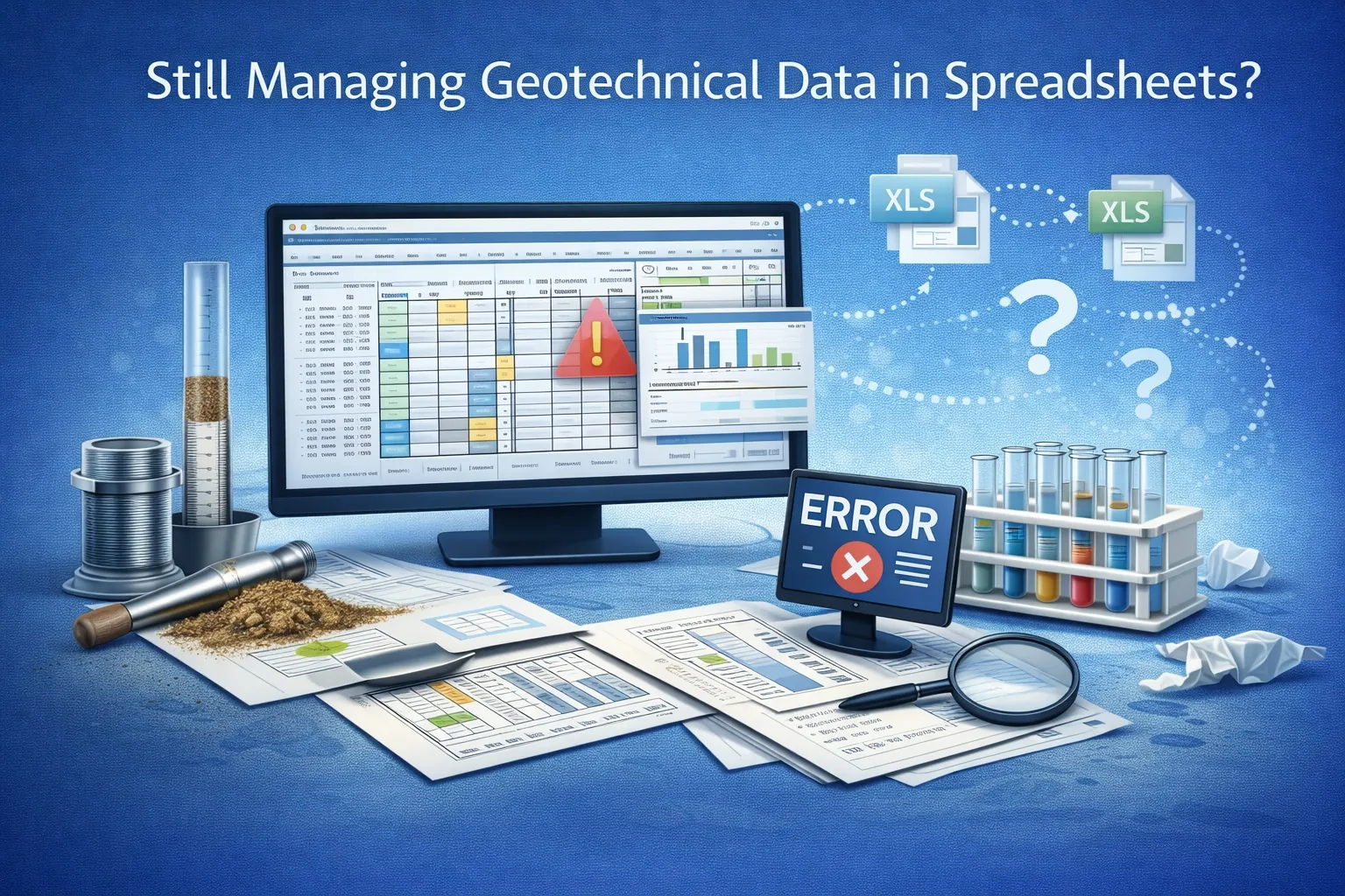 Geotechnical laboratory staff managing disconnected spreadsheet calculations and reports
