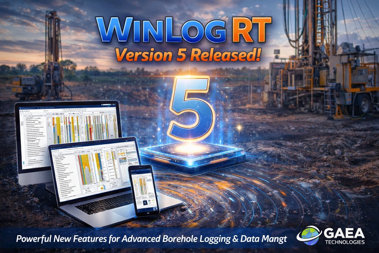 WinLoG RT Version 5 borehole logging software displayed on desktop and mobile devices at drilling site