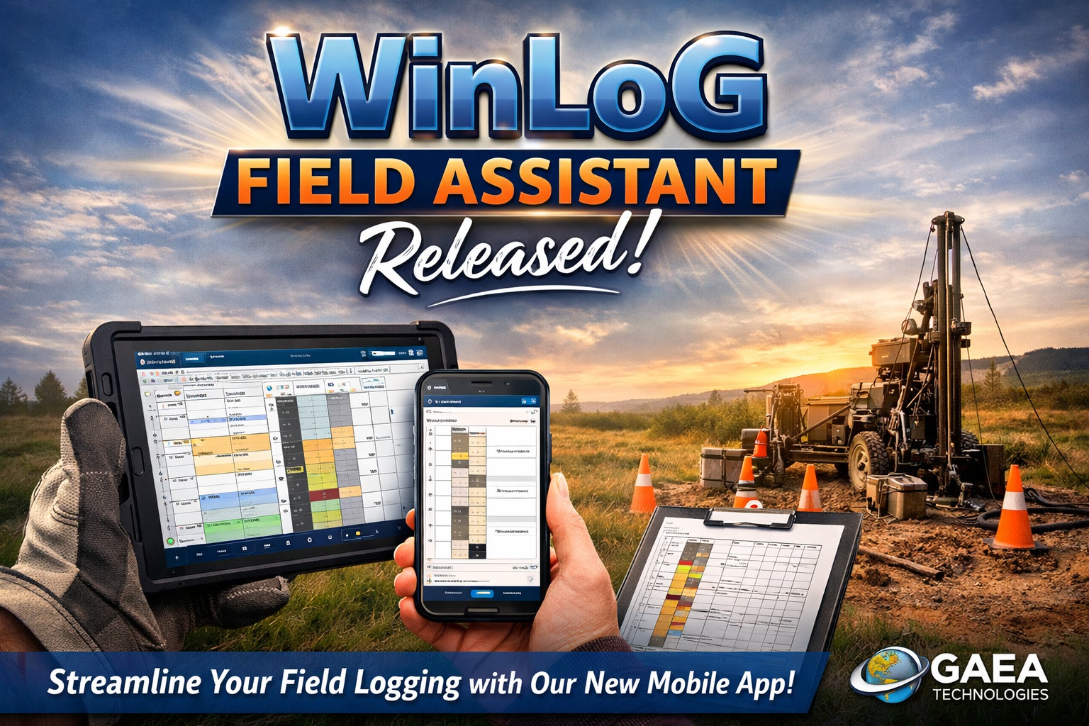 WinLoG Field Assistant mobile app displayed on tablet and smartphone at drilling site for digital field logging