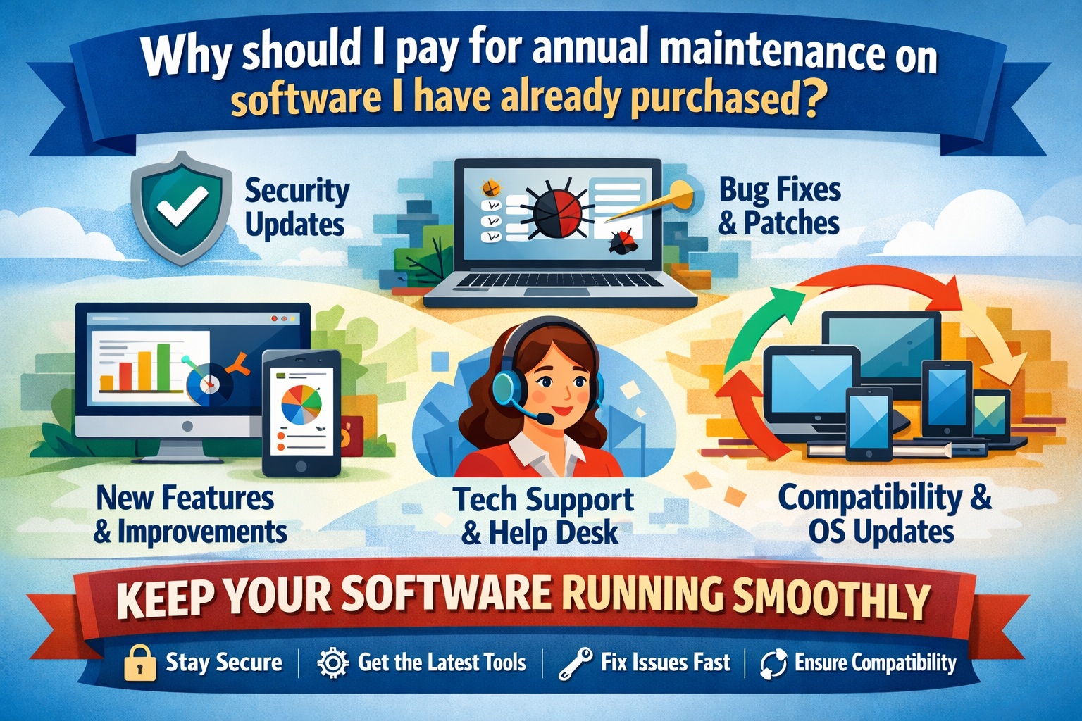 Why pay for annual software maintenance – benefits including security updates, bug fixes, new features, technical support, and system compatibility