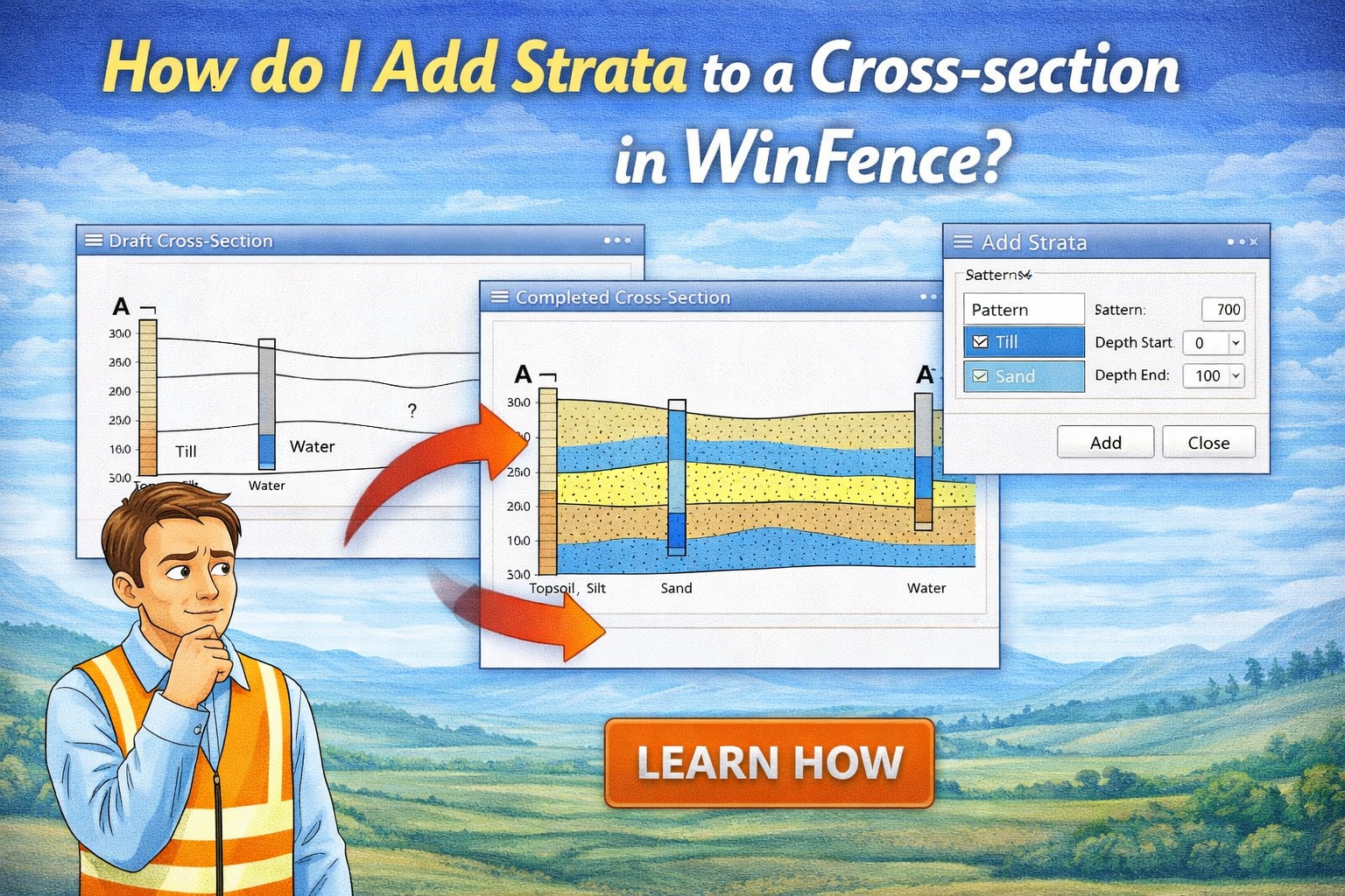 Add strata to cross-section in WinFence showing lithology layers and strata input settings panel