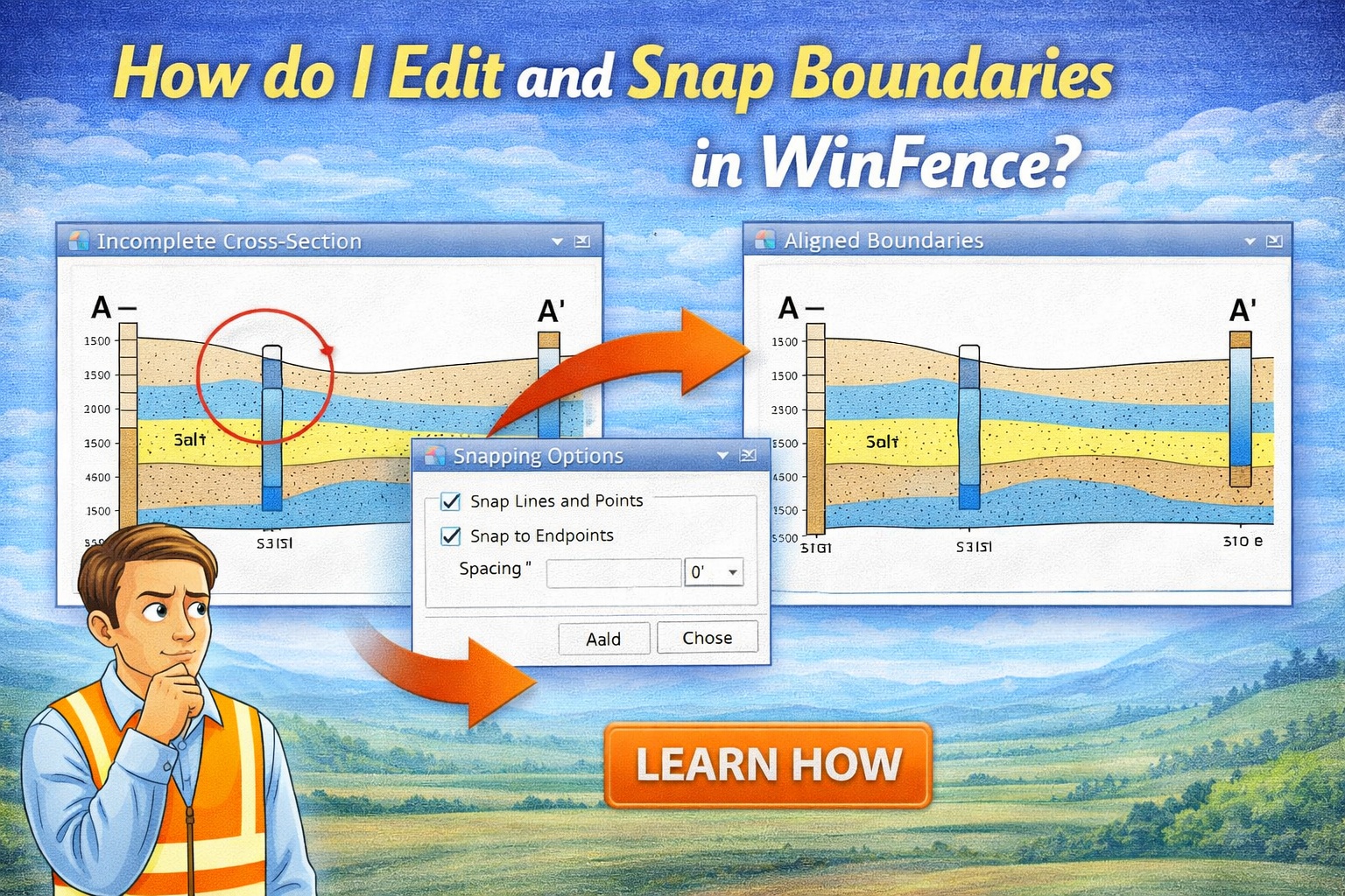 Edit and snap boundaries in WinFence showing before and after cross-section alignment with snapping options