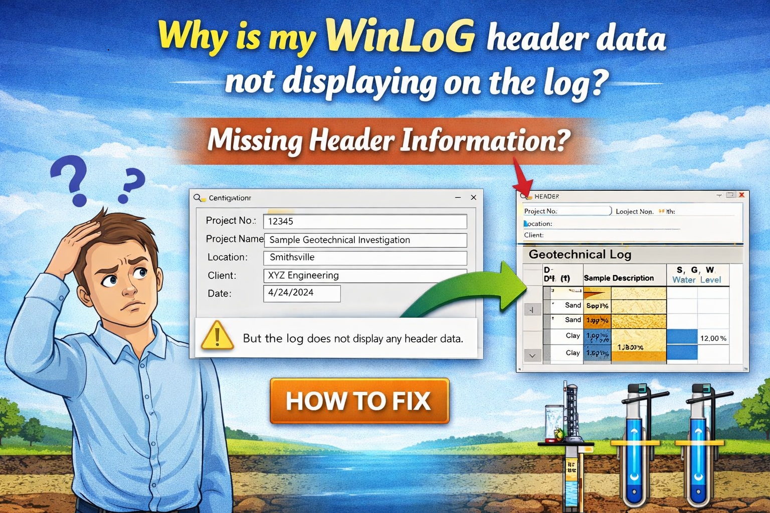 WinLoG header data not displaying on log troubleshooting illustration with header settings and missing information
