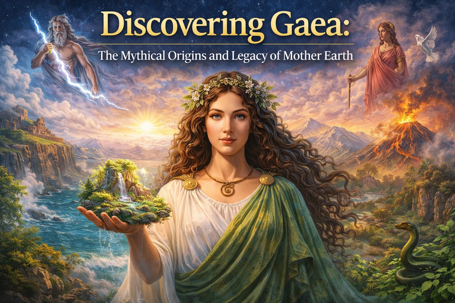 Gaea Greek goddess of Earth holding landscape representing nature and creation in mythology