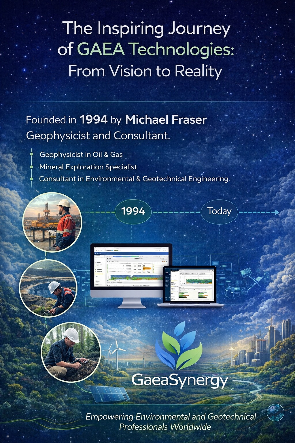 Infographic showing the evolution of GAEA Technologies from 1994 to today with GaeaSynergy platform and environmental engineering workflows