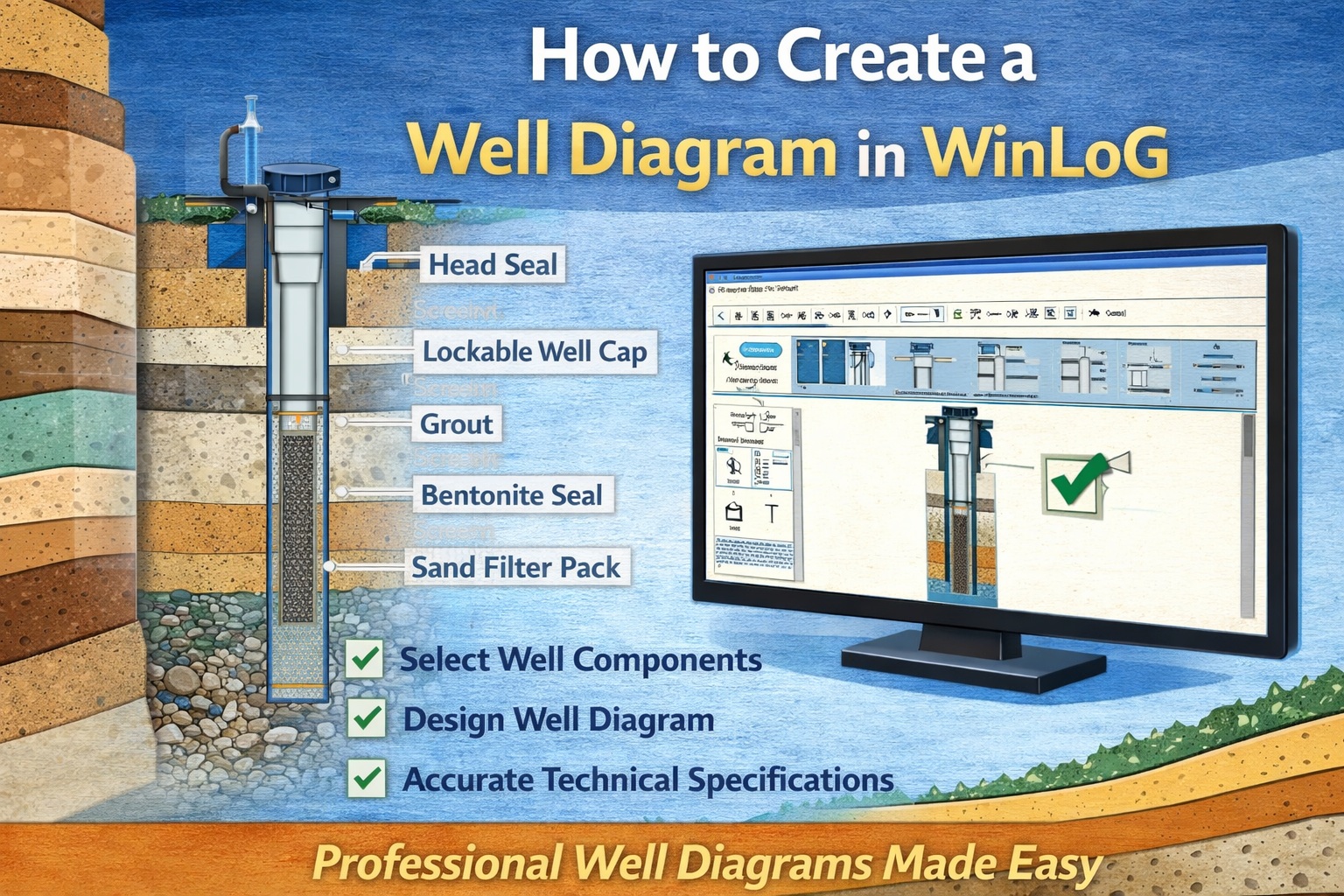 How to create a well diagram in WinLoG showing well components, casing, grout, and subsurface layers
