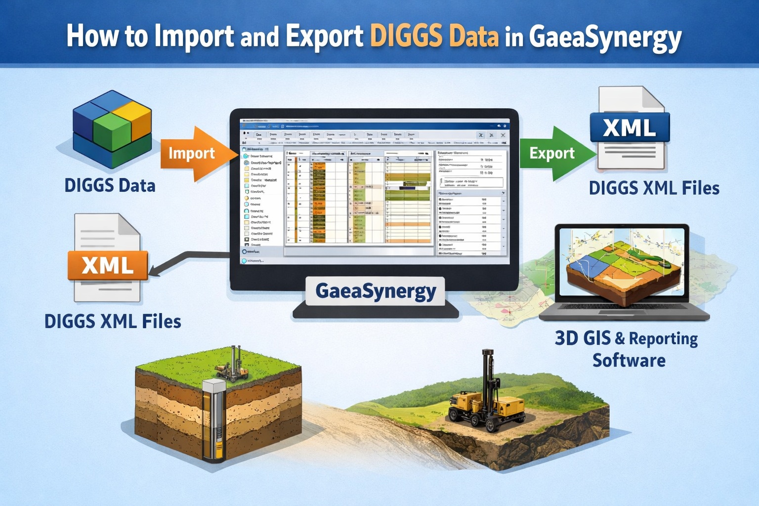 Import and export DIGGS data in GaeaSynergy showing XML file workflow and geotechnical data exchange