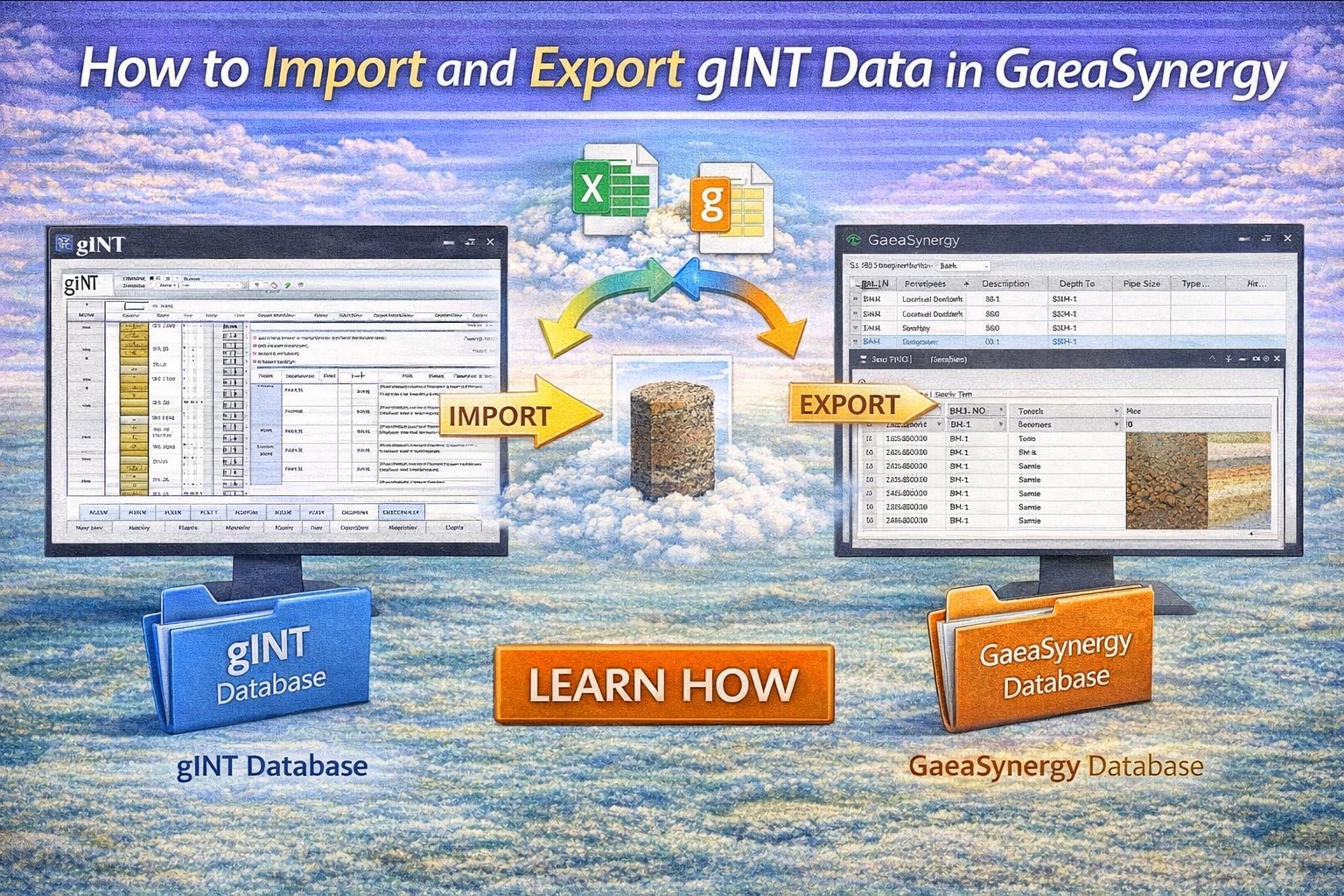 Import and export gINT data in GaeaSynergy showing data transfer between databases and software interfaces