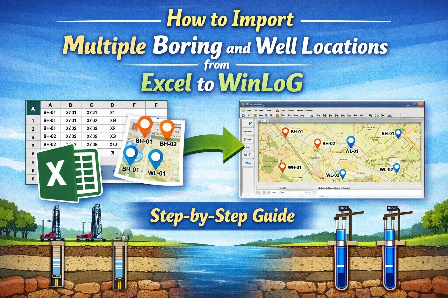 How to import multiple boring and well locations from Excel into WinLoG with map visualization