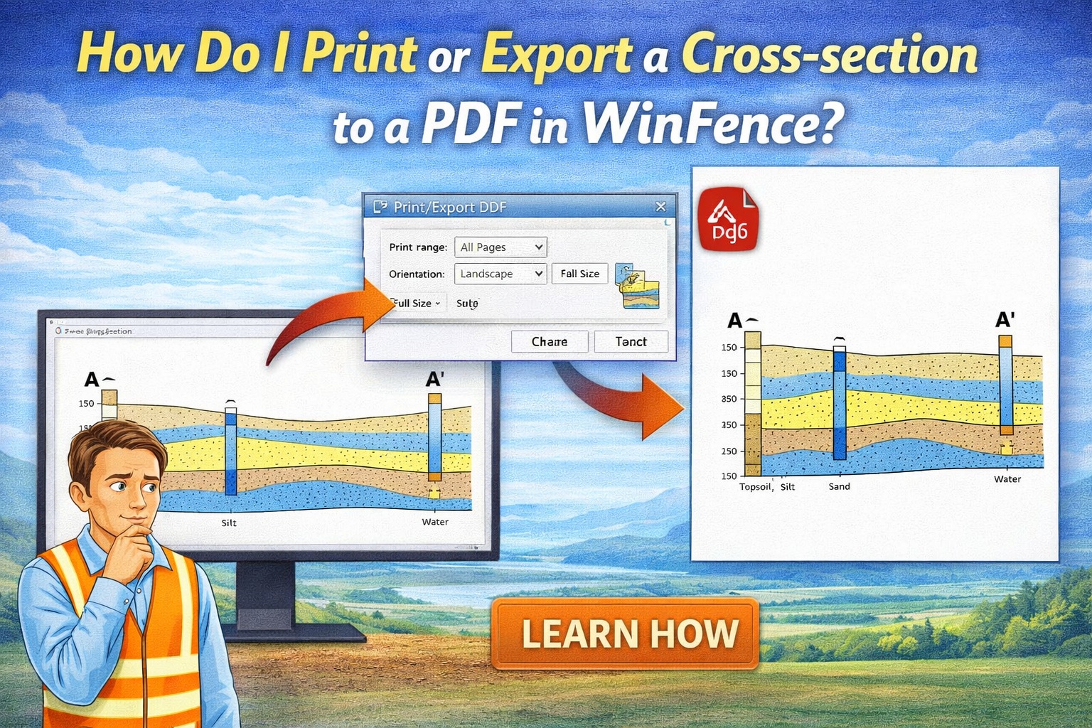 Print or export cross-section to PDF in WinFence showing print dialog and PDF output preview