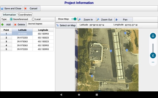 Screen shot of project information on an Android tablet