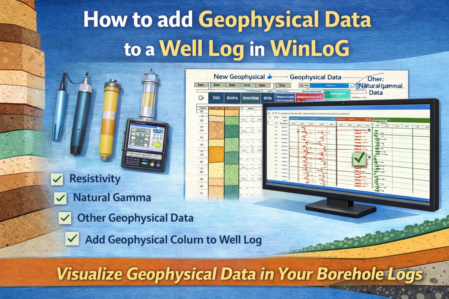 How to add geophysical data to a well log in WinLoG including resistivity, natural gamma, and other subsurface measurements