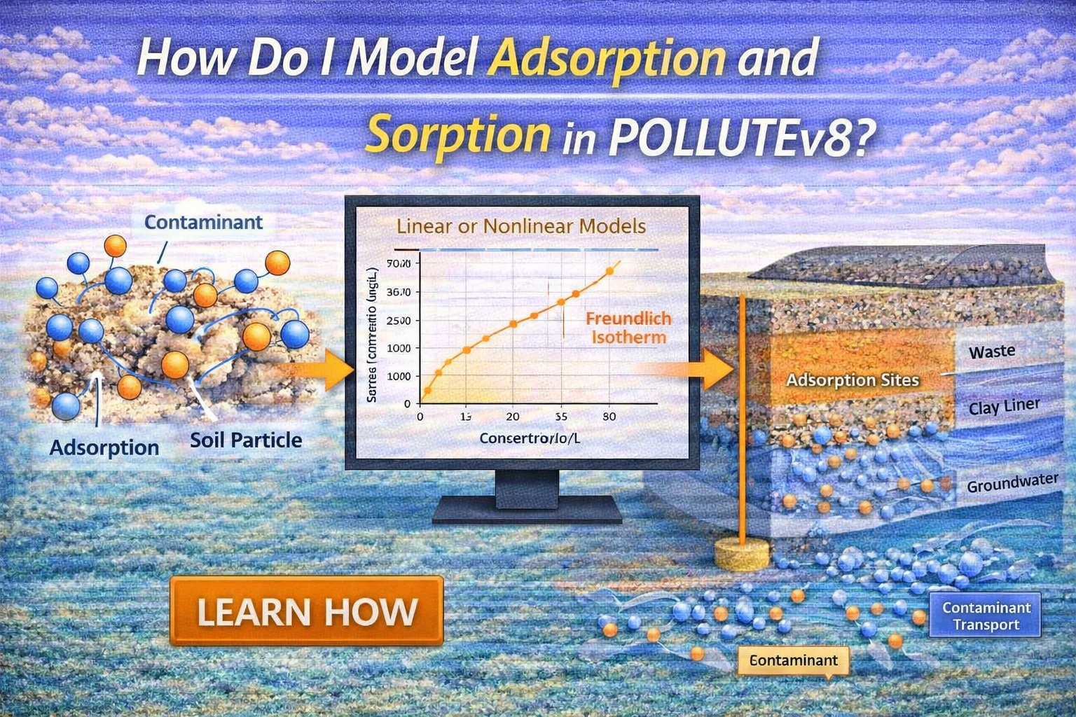 Adsorption and sorption modeling in POLLUTEv8 showing contaminant interaction with soil particles and isotherm graph