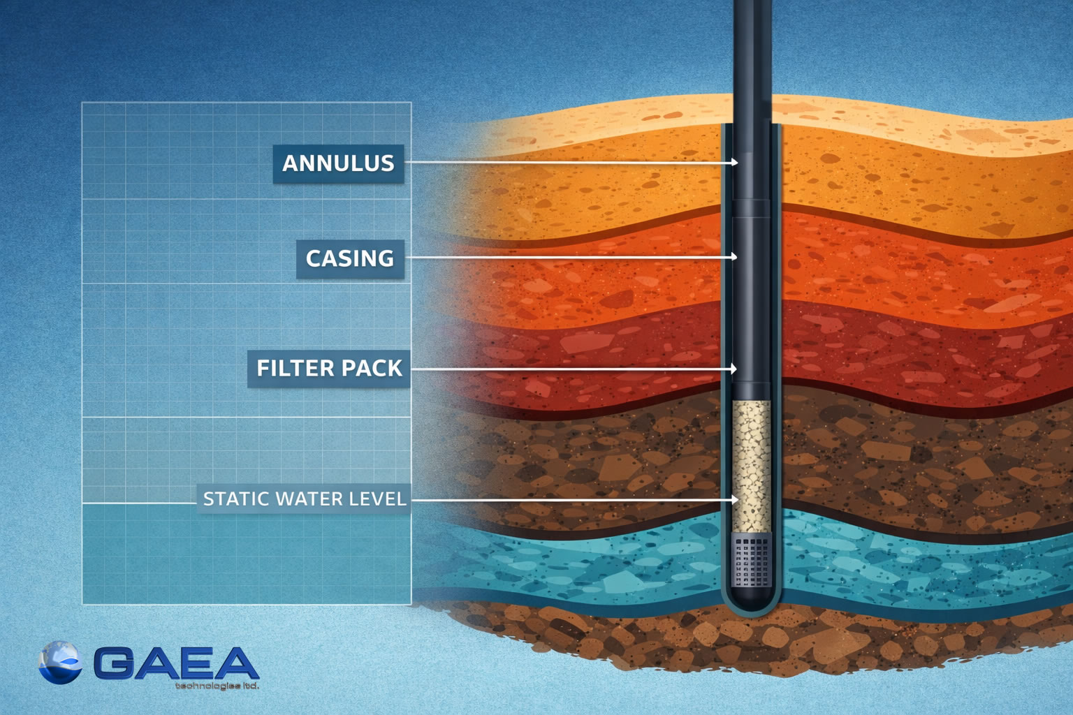 A clean, modern 2D vector infographic showing a cross-section of the Earth's subsurface. On the right side, a vertical borehole with a dark gray steel casing and a slotted well screen at the bottom. The ground is divided into distinct geological layers: sandy orange, clay-like red, and dark brown rock, with a teal-colored water-filled aquifer layer at the base. On the left side, a semi-transparent digital grid overlay displays technical labels with thin leader lines pointing to the borehole components: 'ANNULUS', 'CASING', 'FILTER PACK', and 'STATIC WATER LEVEL'. The style is professional, flat design, using a palette of slate blue, earthy oranges, and teal. High resolution, educational textbook aesthetic, no text on top.