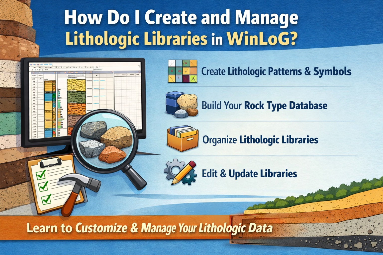 How to create and manage lithologic libraries in WinLoG software with patterns, symbols, and rock database workflow