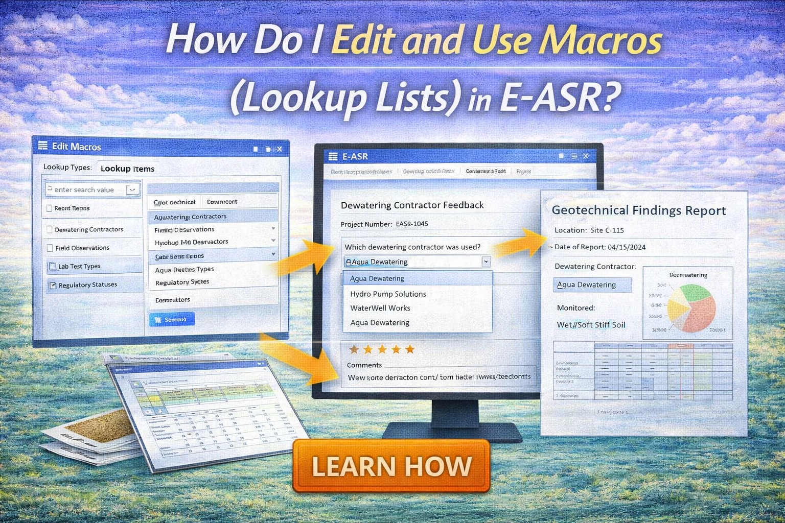 Edit and use macros lookup lists in E-ASR showing macro editor dropdown selections and automated report output