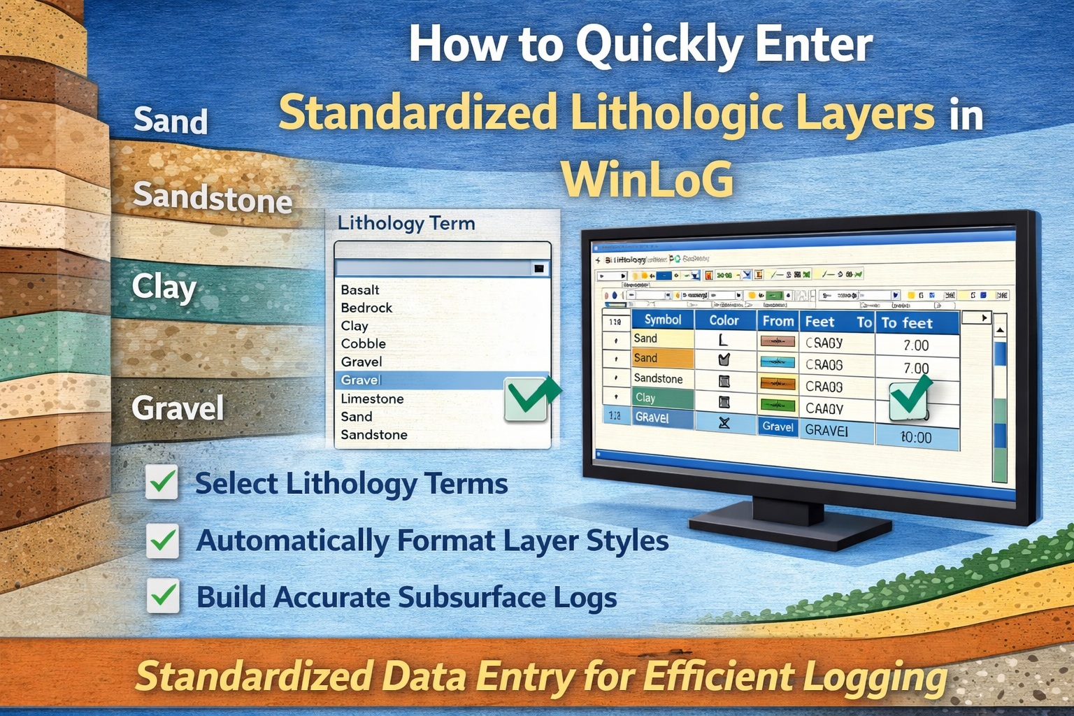 How to quickly enter standardized lithologic layers in WinLoG using predefined lithology terms and automated formatting