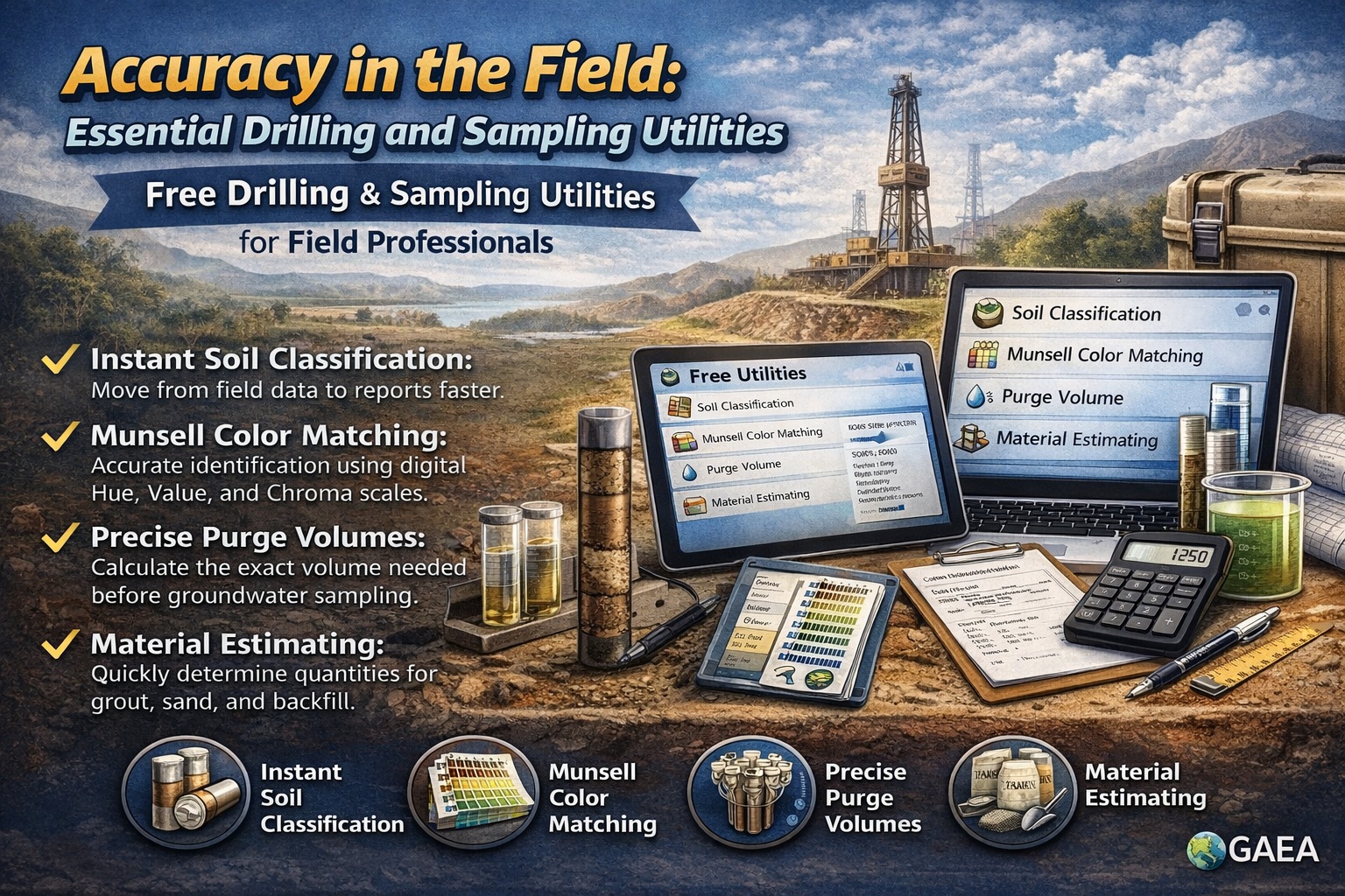 Field professional using digital drilling and sampling utilities for soil classification, purge volume calculation, and material estimating