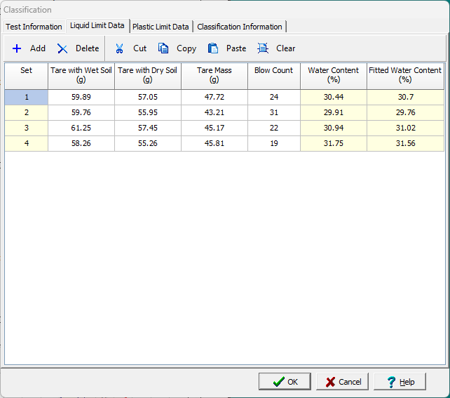 Enter Liquid Limit (LL) Data