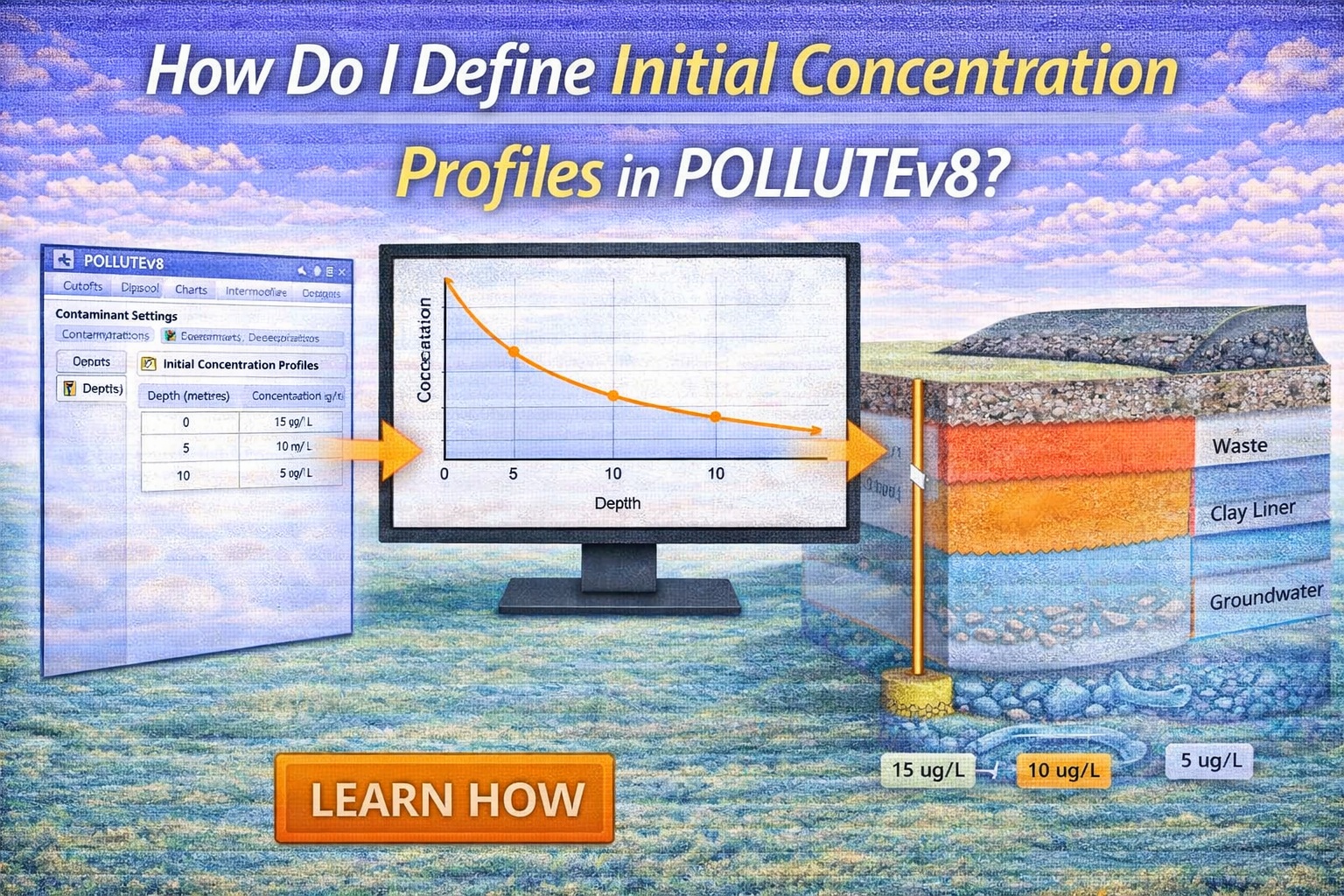 Initial concentration profiles in POLLUTEv8 showing contaminant concentration versus depth and subsurface distribution