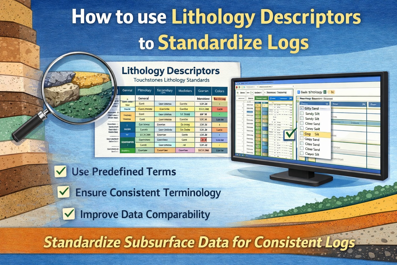 How to use lithology descriptors to standardize geological logs using predefined terms and consistent terminology in WinLoG