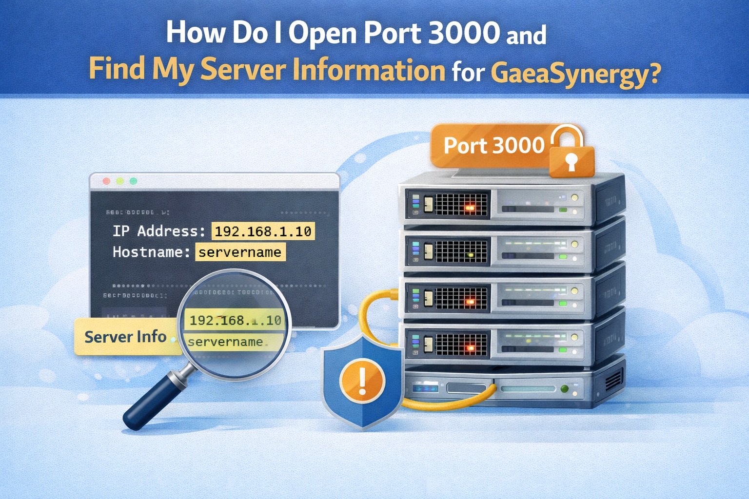 Open port 3000 and find server information for GaeaSynergy showing IP address hostname and server configuration
