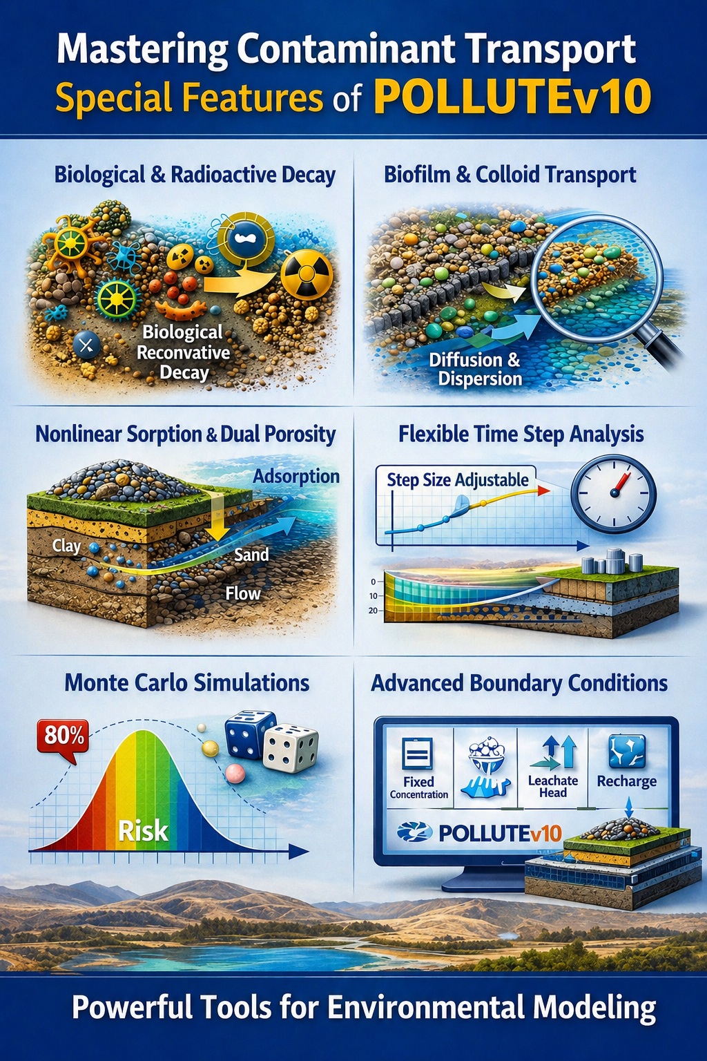 Infographic showing POLLUTEv10 special features including nonlinear sorption, biofilm transport, Monte Carlo simulations, and advanced boundary conditions