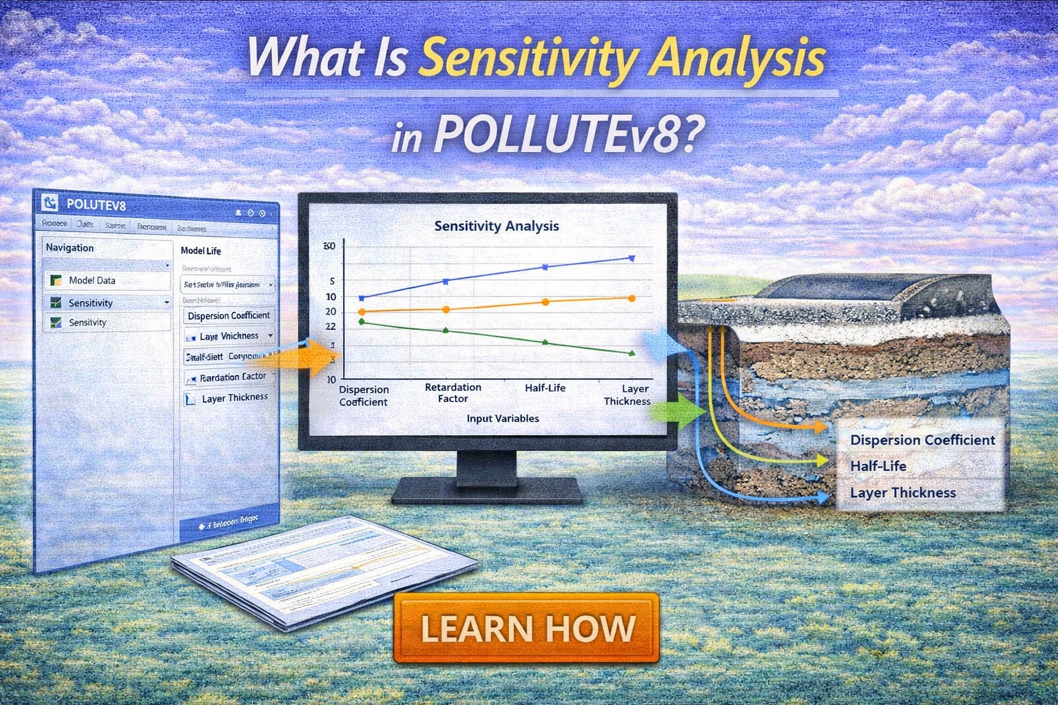 Sensitivity analysis in POLLUTEv8 showing input variables impact on contaminant migration and model results