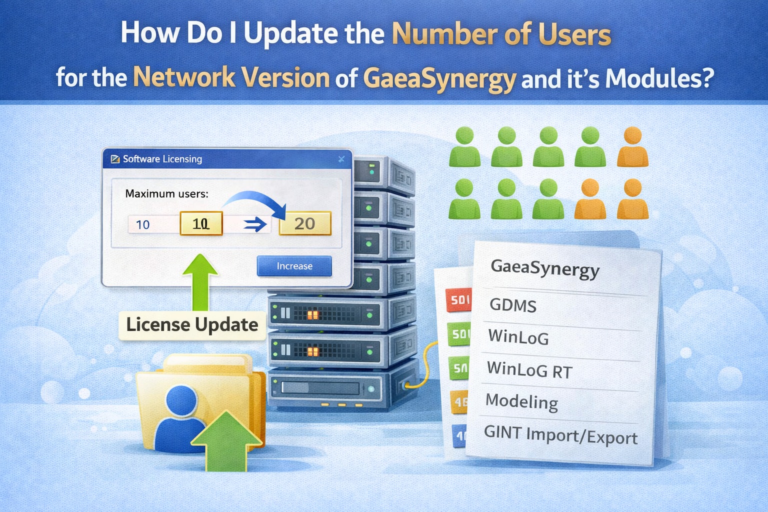 Update number of users for GaeaSynergy network license showing licensing dialog server and user count increase
