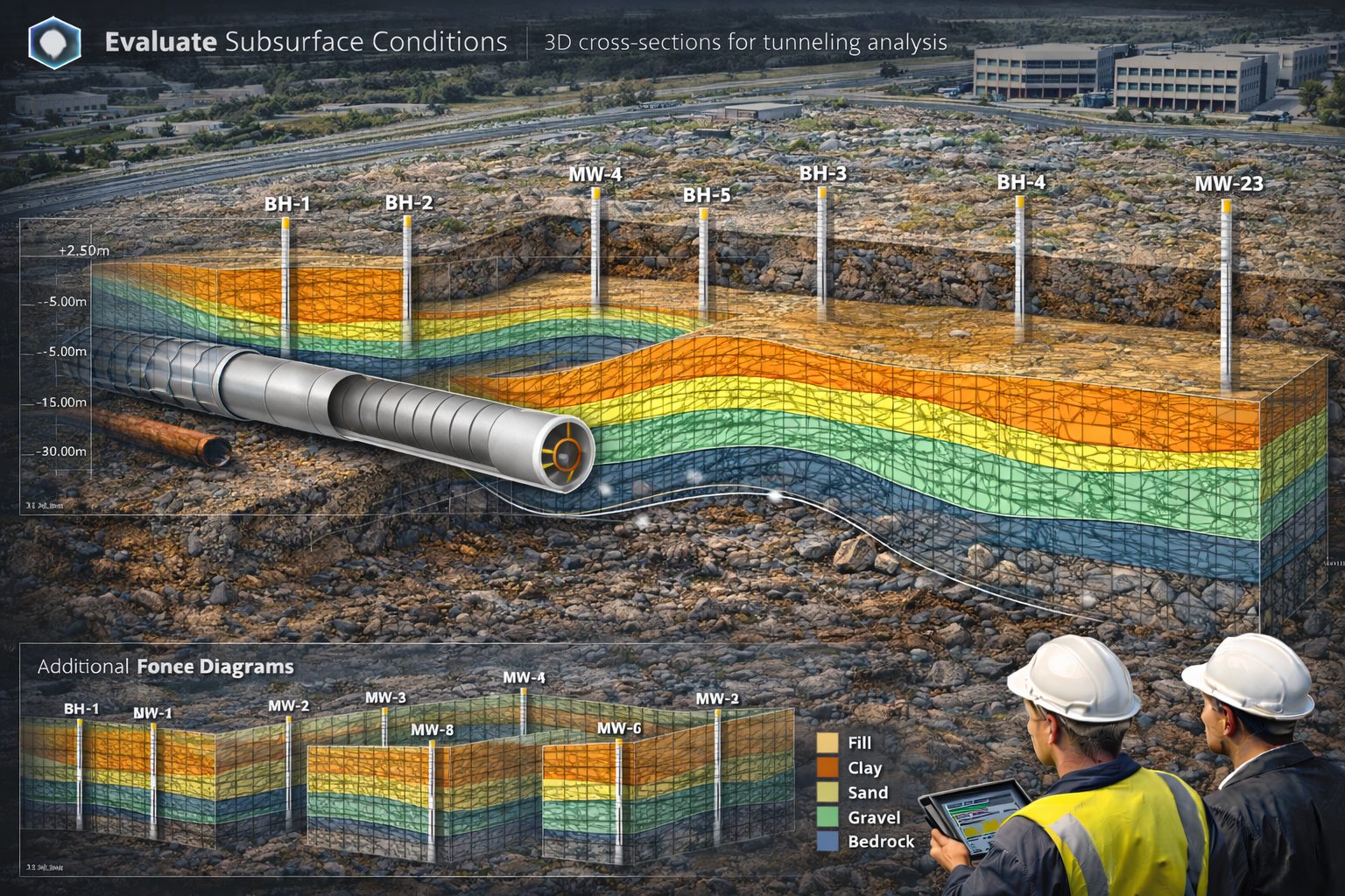 3D geological cross-section showing subsurface layers and tunnel alignment beneath infrastructure and buildings.