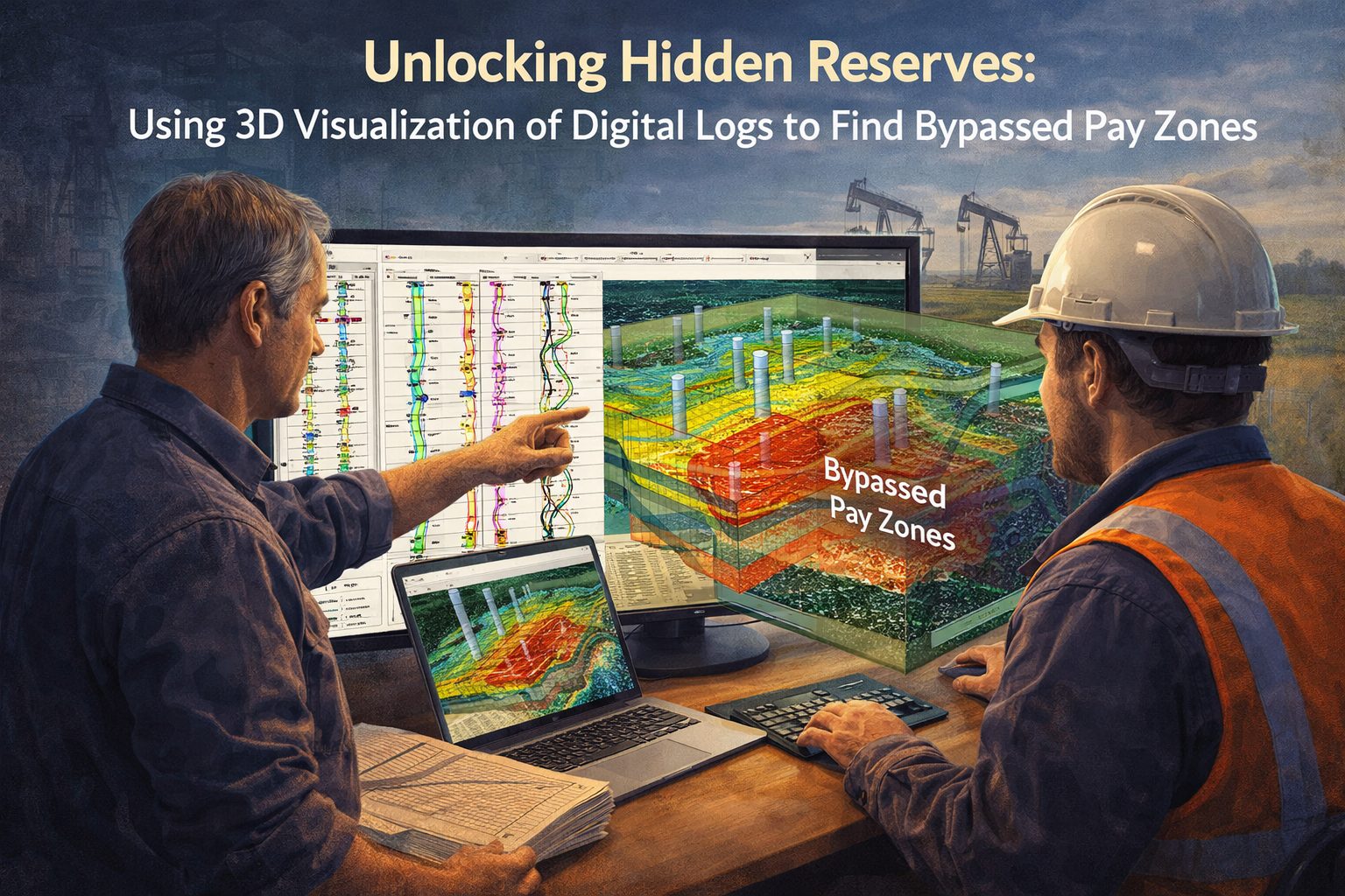 Geoscientists analyzing 3D reservoir model created from digitized well logs to identify bypassed pay zones in an oil and gas field.