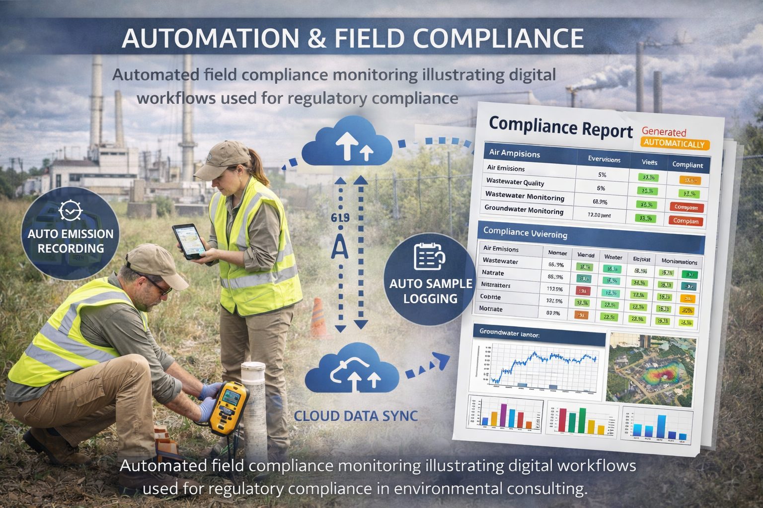 Environmental consultants conducting automated environmental compliance monitoring in the field using digital sampling tools, mobile data logging, and cloud synchronization for regulatory reporting.