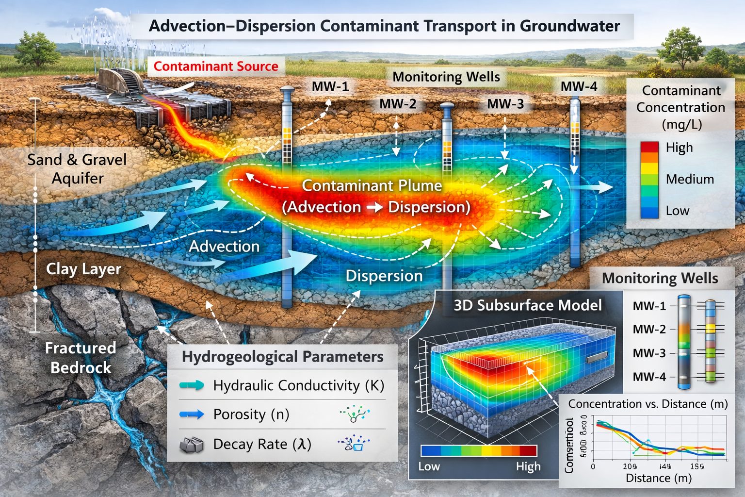 Advection dispersion groundwater model showing contaminant plume spreading through subsurface aquifer layers.