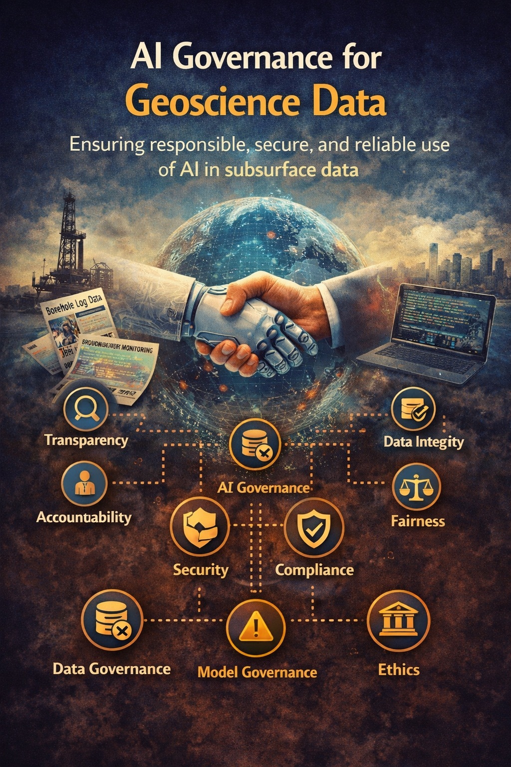 AI governance for geoscience data showing transparency, accountability, security, and compliance in subsurface data systems
