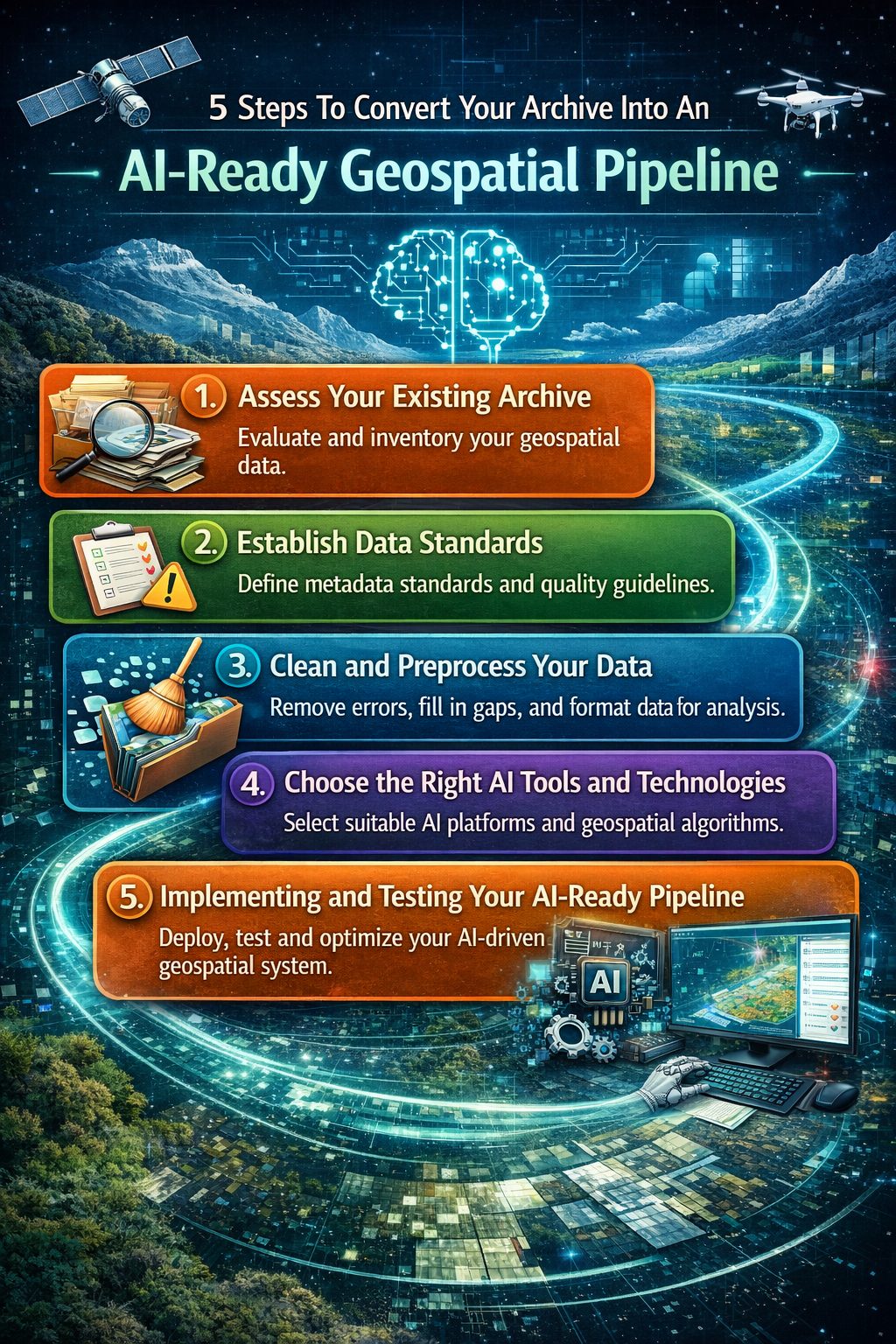 5 step workflow converting historical geoscience archives into an AI-ready geospatial data pipeline including archive assessment, data standards, preprocessing, AI tool selection and pipeline testing