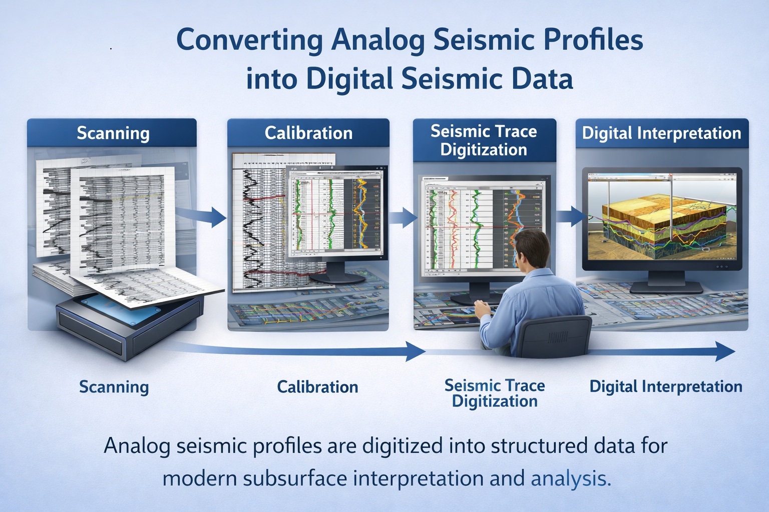 Analog seismic profile digitization workflow showing scanning, calibration, seismic trace extraction, and digital subsurface interpretation.
