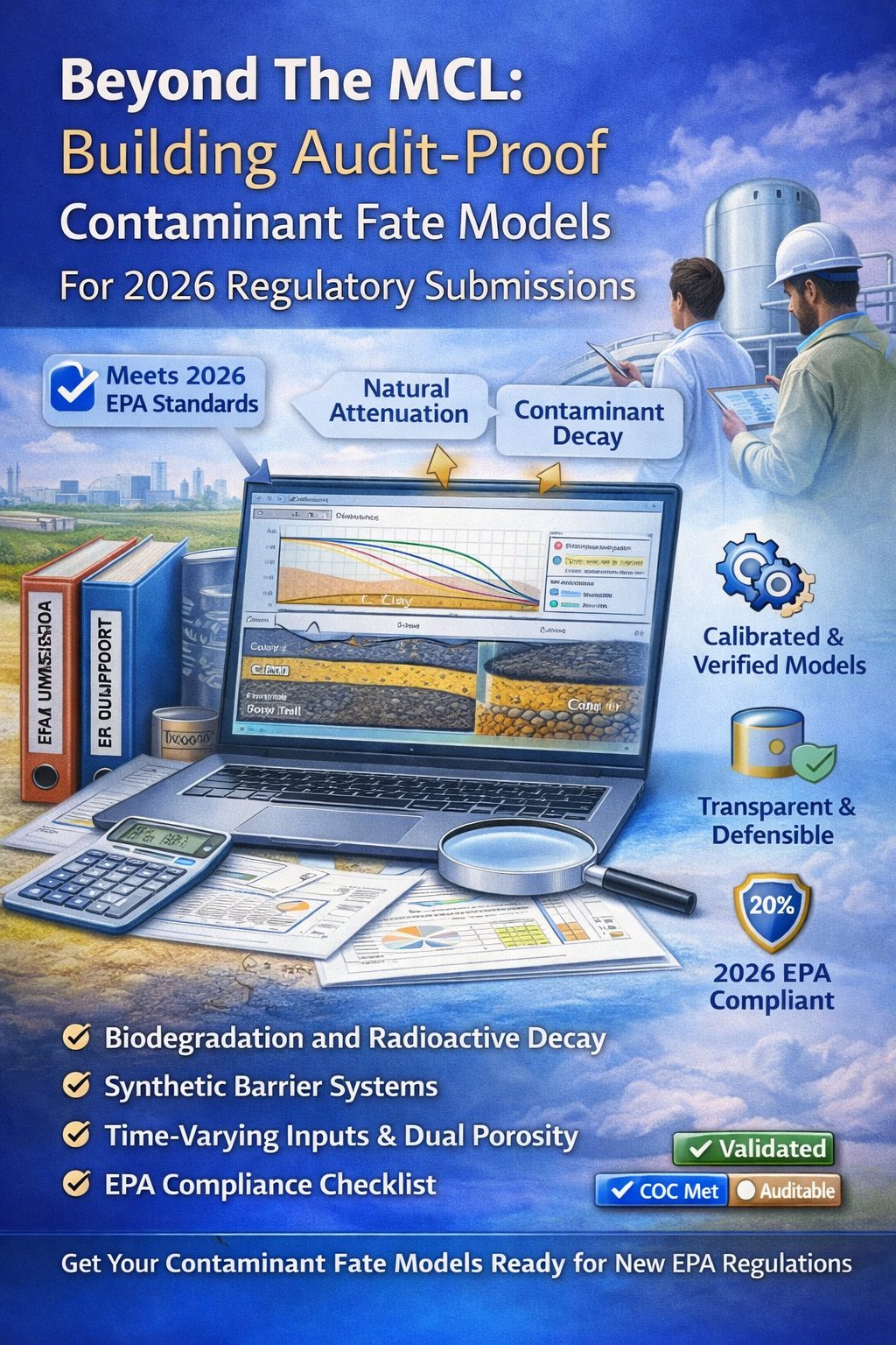 Environmental engineers using contaminant transport modeling software to build audit-proof contaminant fate models for 2026 regulatory submissions beyond MCL limits.