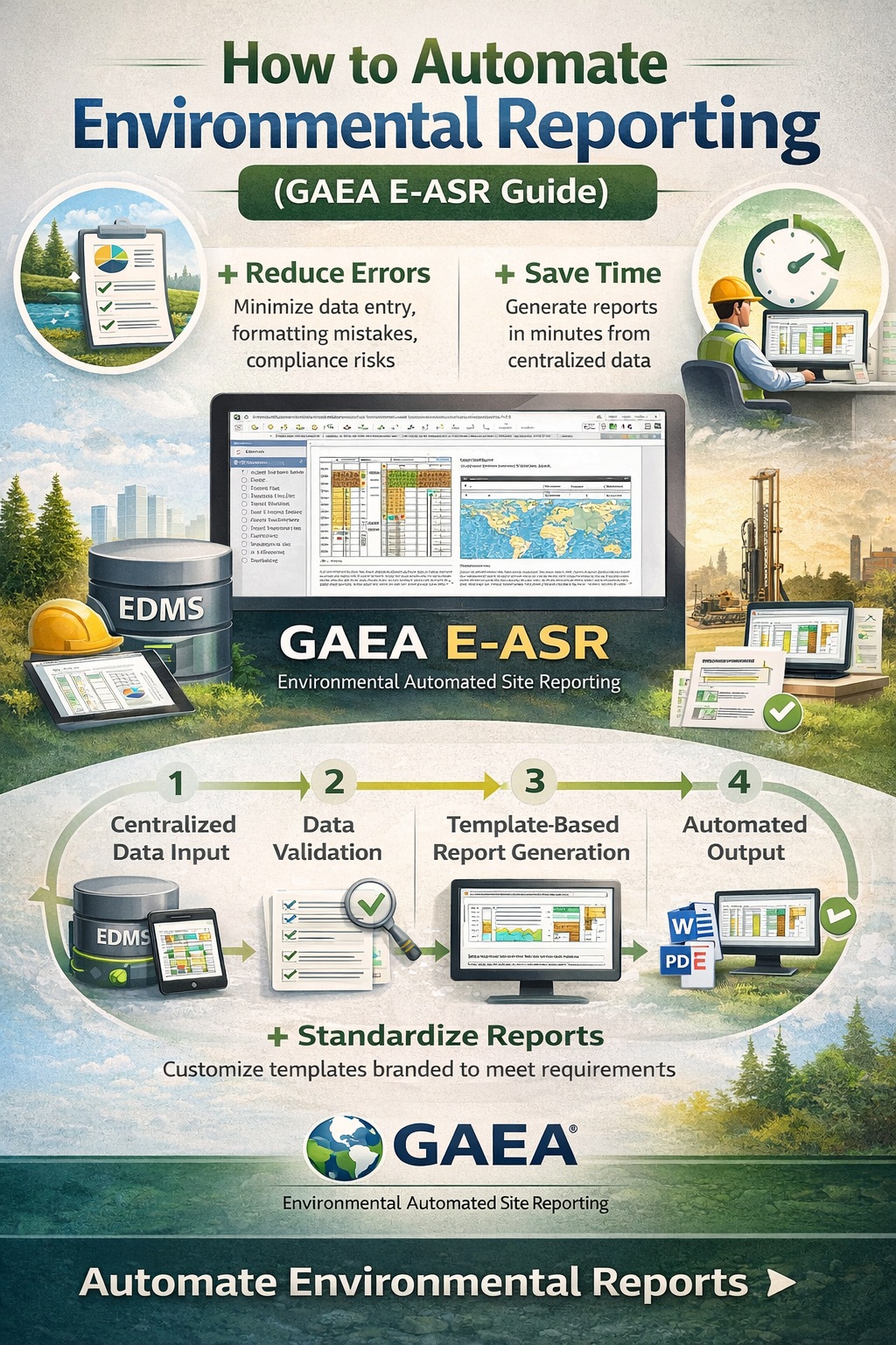 Automating environmental reporting workflow using GAEA E-ASR showing data input validation template reporting and automated output