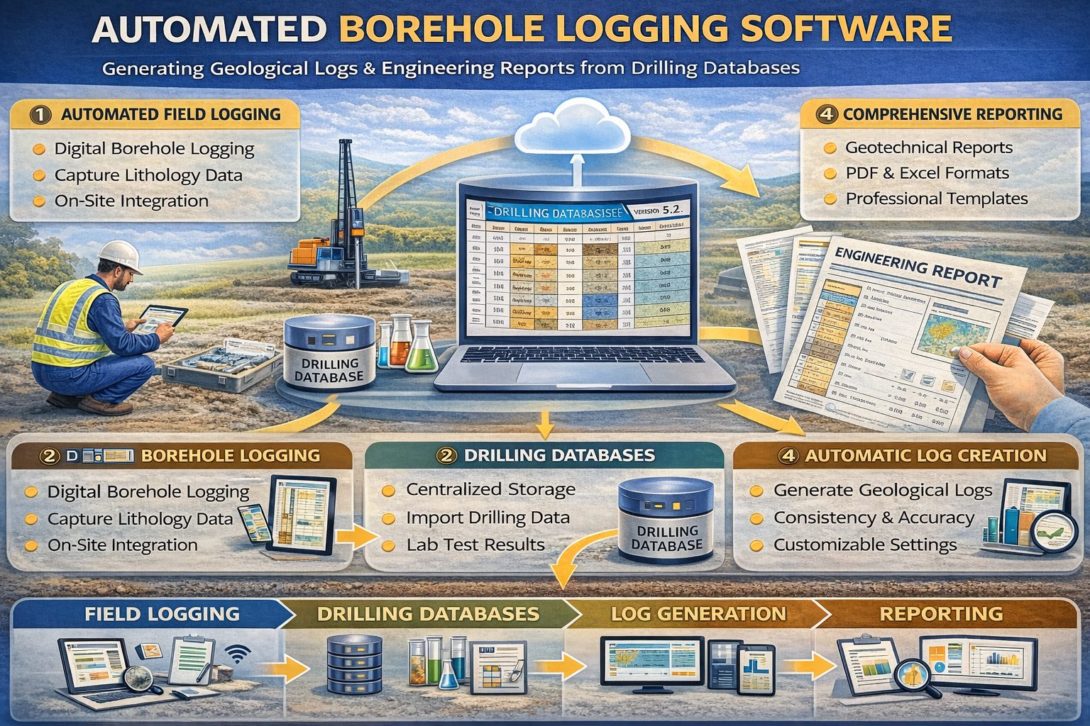 Automated software generating borehole logs from drilling data.