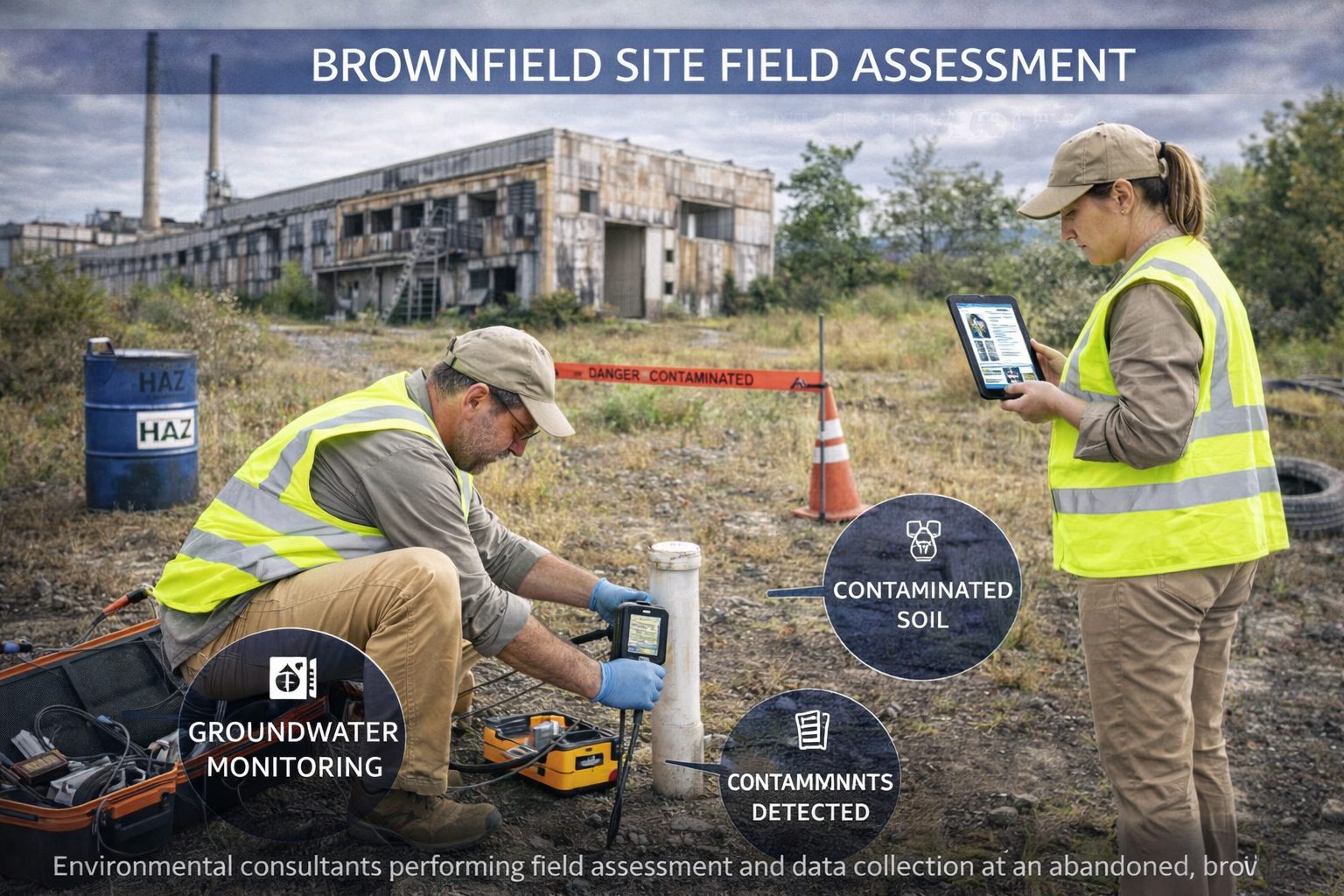 Environmental engineers reviewing automated environmental reporting data for a brownfield redevelopment site investigation.