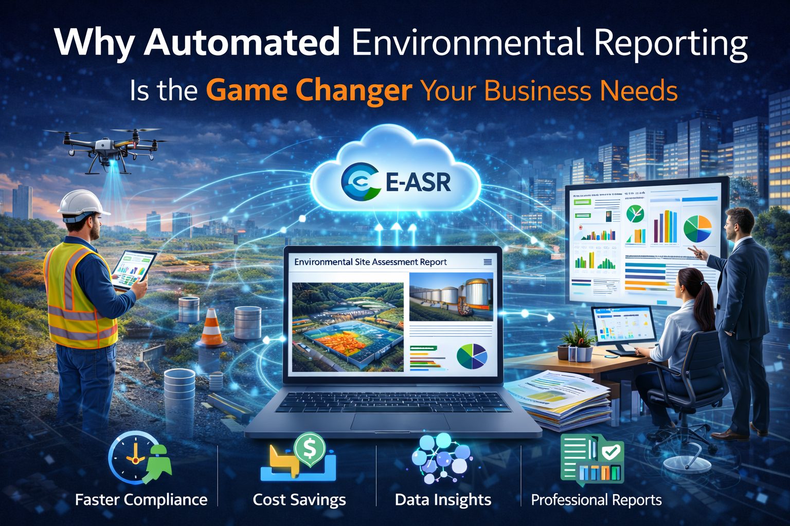 Illustration showing automated environmental reporting software integrating field data, drones, and cloud platforms to generate Environmental Site Assessment reports.