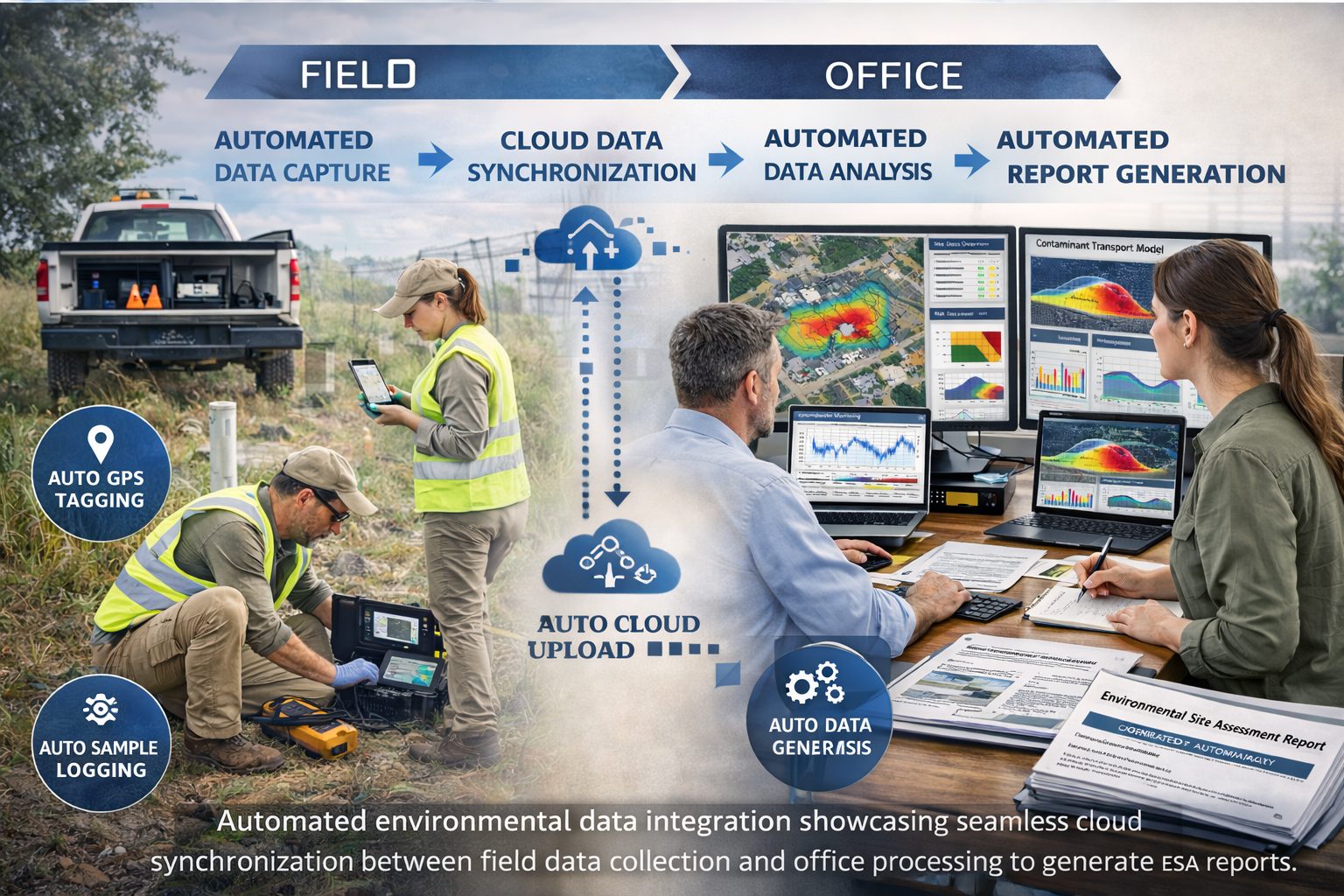 Environmental consultants using automated digital workflows for Environmental Site Assessments showing field data capture, GPS sample logging, cloud synchronization, GIS analysis, groundwater monitoring data, and automated environmental report generation.