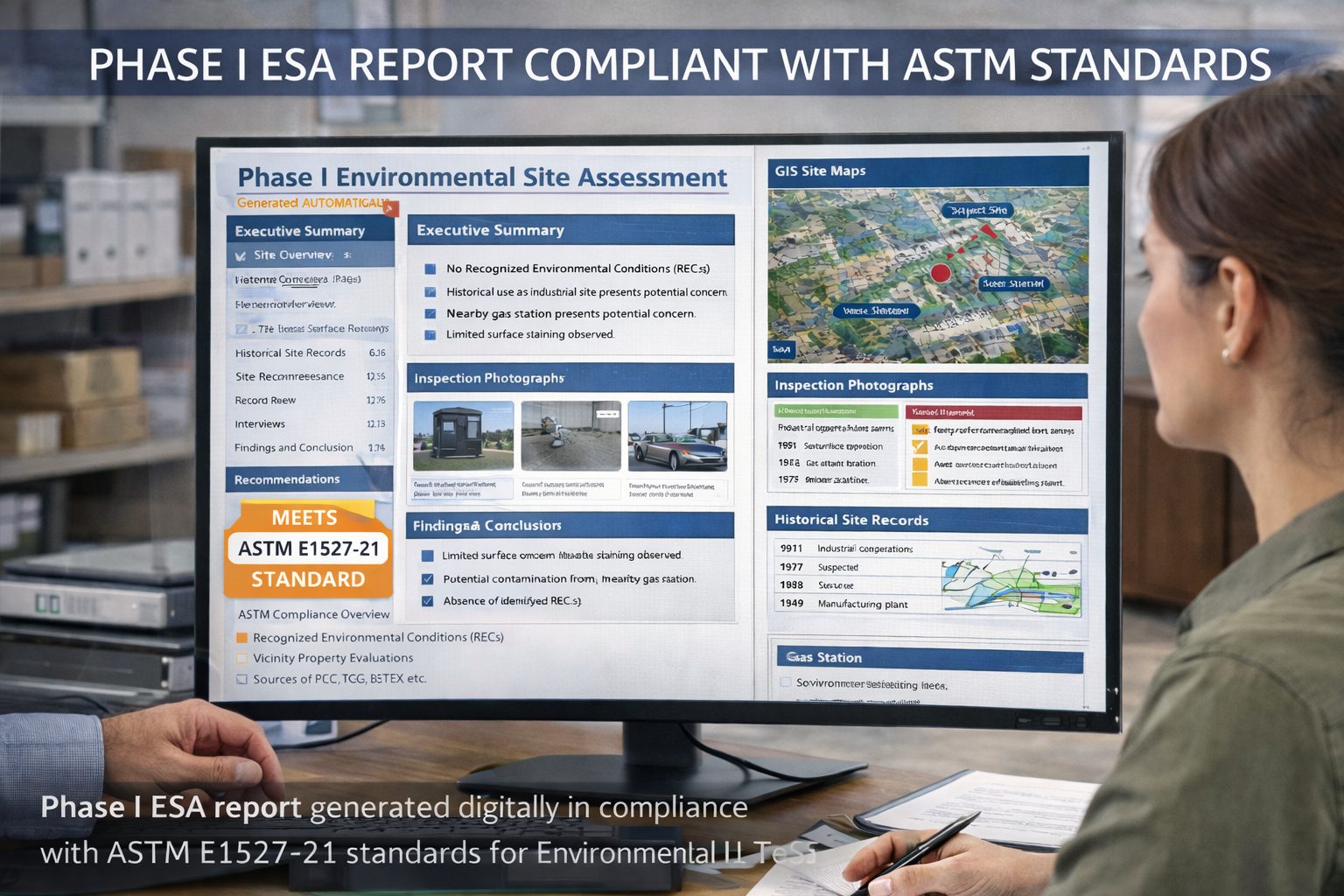 Environmental consultant reviewing automated Phase I Environmental Site Assessment report aligned with ASTM standards.