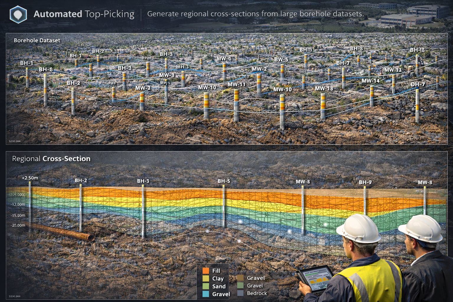 Regional geological cross-section generated from multiple boreholes using automated top-picking software.