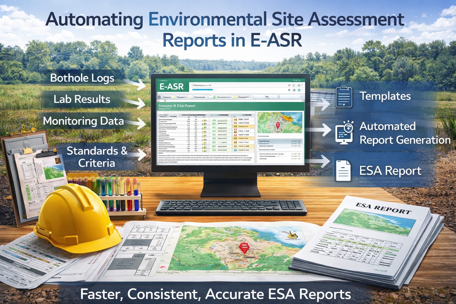 Automating environmental site assessment reports in E-ASR showing data integration, templates, and automated report generation workflow