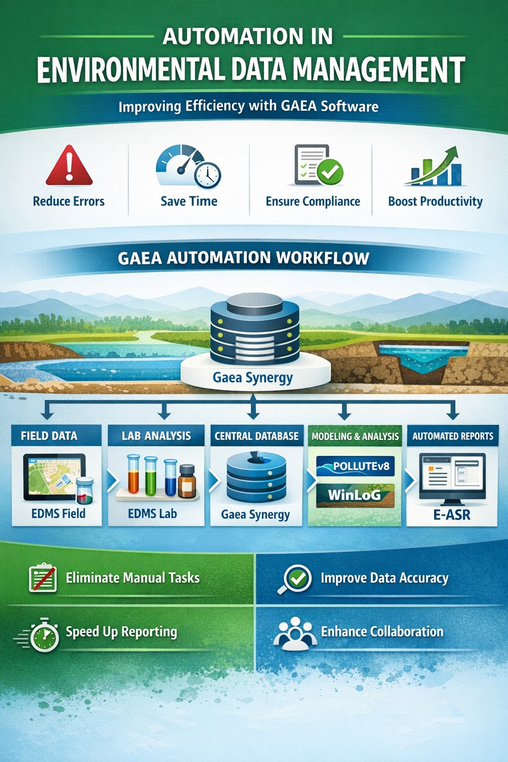 Automation in environmental data management infographic showing GAEA software workflow including EDMS Field, EDMS Lab, Gaea Synergy, WinLoG, POLLUTEv8, and E-ASR