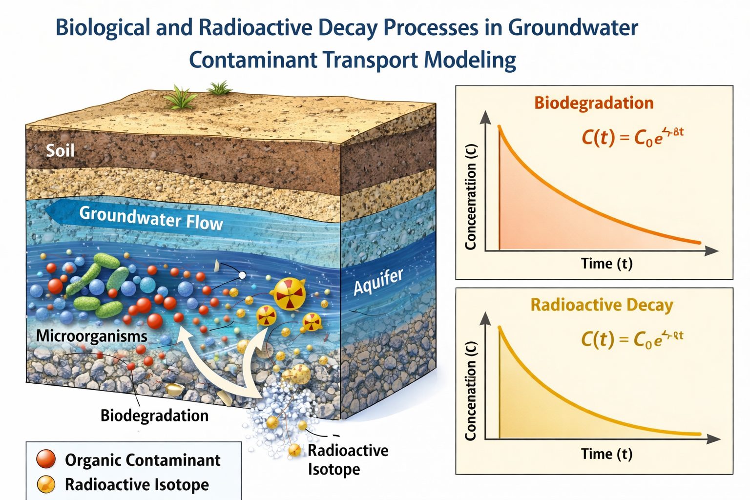 Biological and radioactive decay processes reducing contaminant concentrations in groundwater transport modeling.