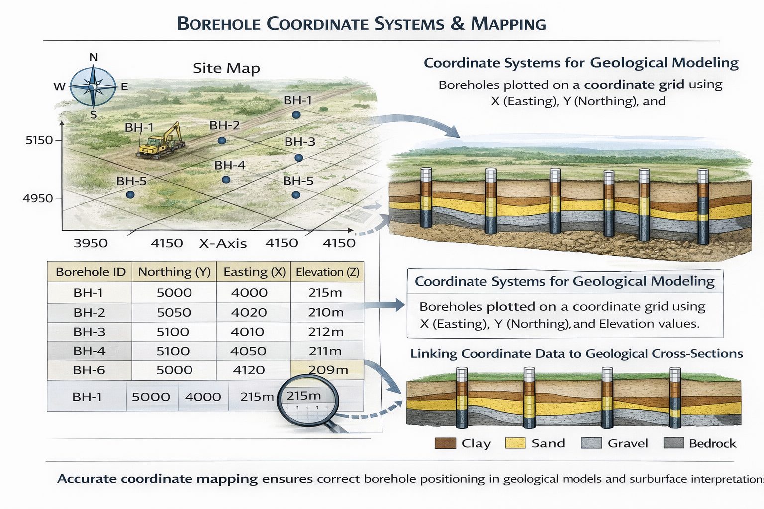 Diagram showing borehole coordinate systems and mapping used in geological modeling.