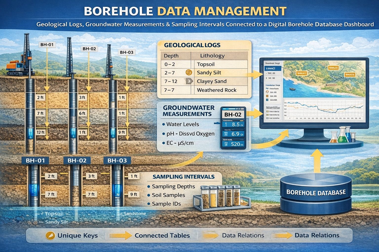 Borehole data infographic showing geological layers, drilling logs, groundwater measurements, and borehole database records.