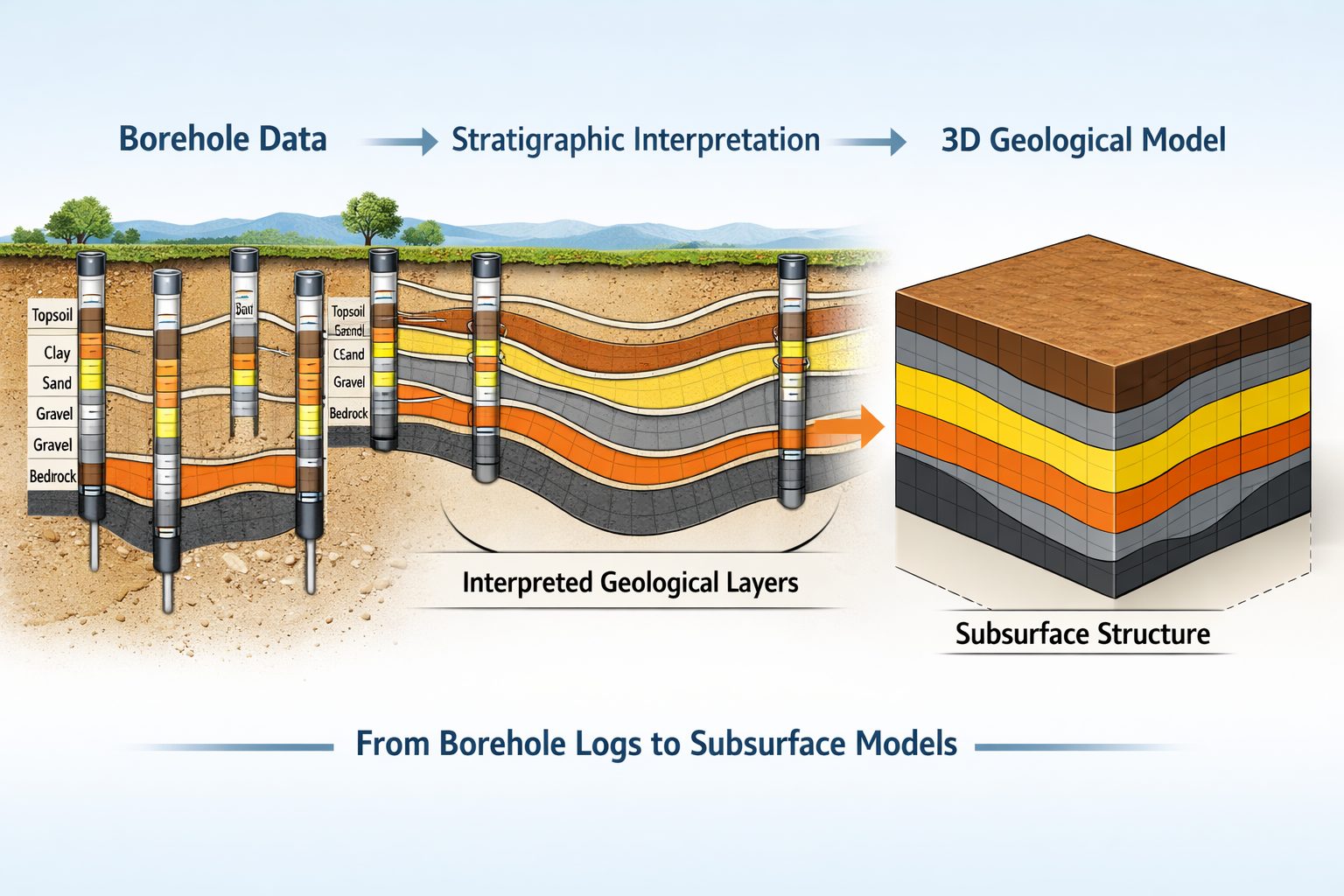 Workflow connecting borehole drilling data to geological modeling showing borehole logs, interpreted stratigraphy, and a 3D geological block model.